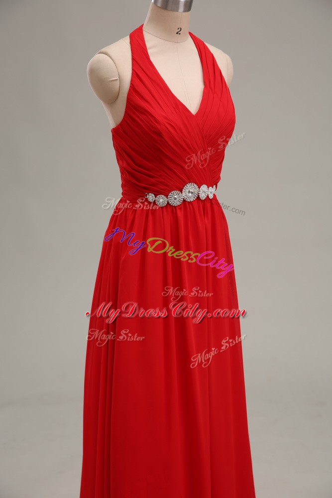 Luxury Floor Length Zipper Prom Dress Red for Prom and Party and Military Ball with Beading and Ruching