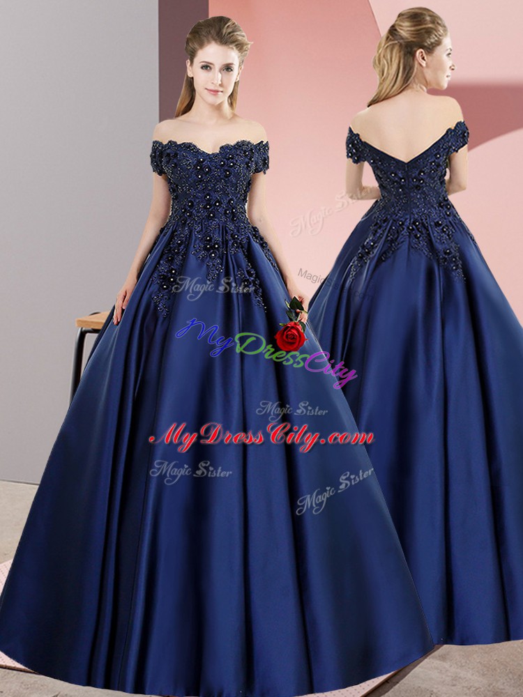 High Class Floor Length Zipper Quinceanera Dress Navy Blue for Sweet 16 and Quinceanera with Lace