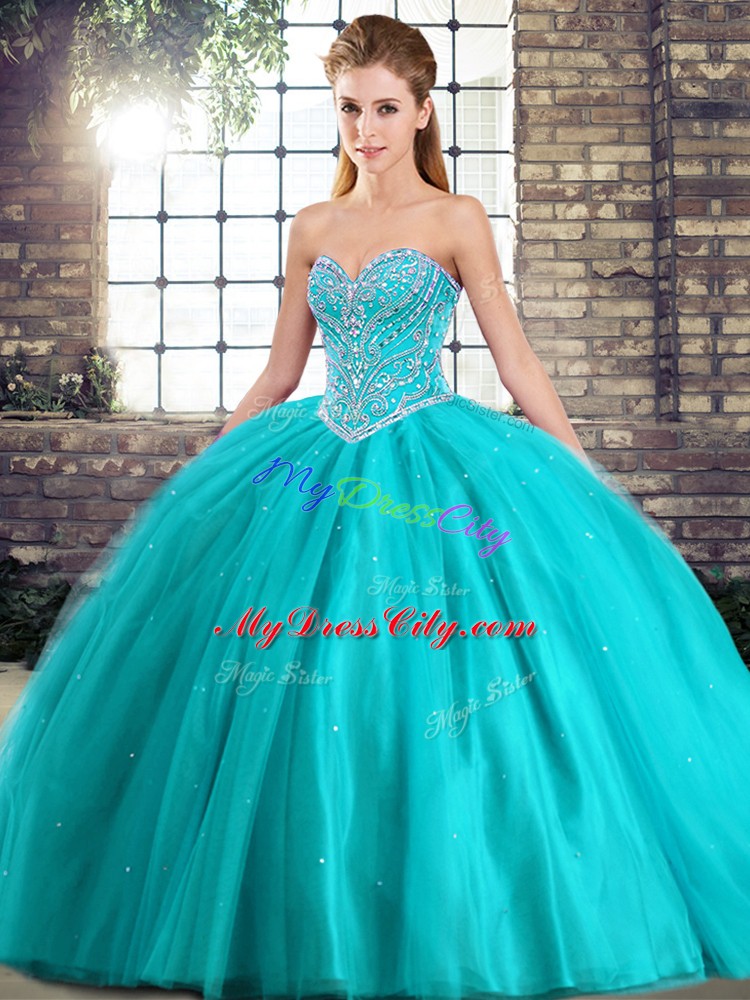 Luxury Tulle Sweetheart Sleeveless Brush Train Lace Up Beading Quinceanera Dresses in Aqua Blue