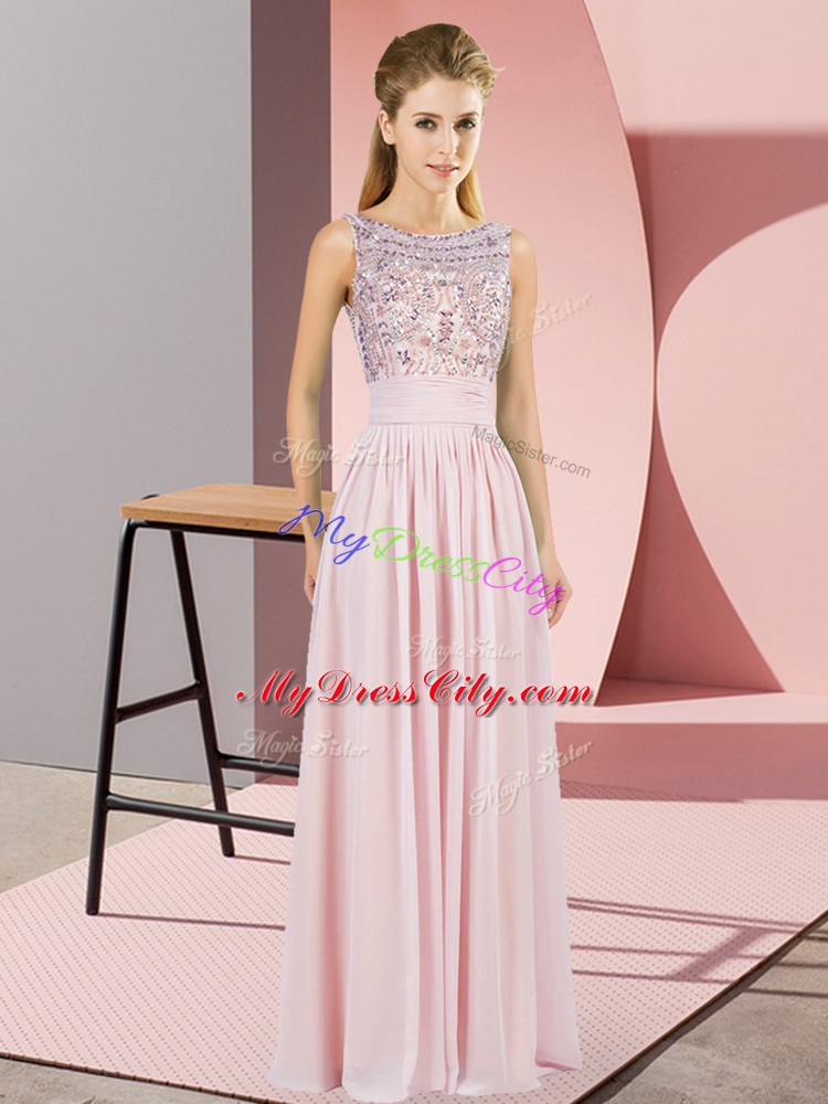 Floor Length Backless Dress for Prom Pink for Prom and Party and Military Ball with Beading