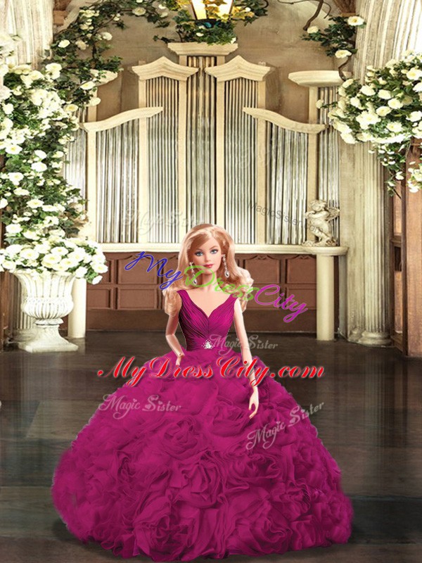 Attractive Fuchsia Fabric With Rolling Flowers Backless V-neck Sleeveless Floor Length Sweet 16 Dresses Beading