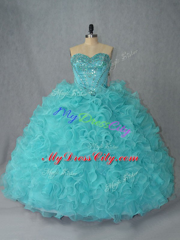 Affordable Aqua Blue Sweetheart Neckline Beading and Ruffles Quince Ball Gowns Sleeveless Lace Up