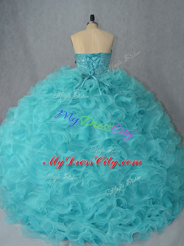 Affordable Aqua Blue Sweetheart Neckline Beading and Ruffles Quince Ball Gowns Sleeveless Lace Up