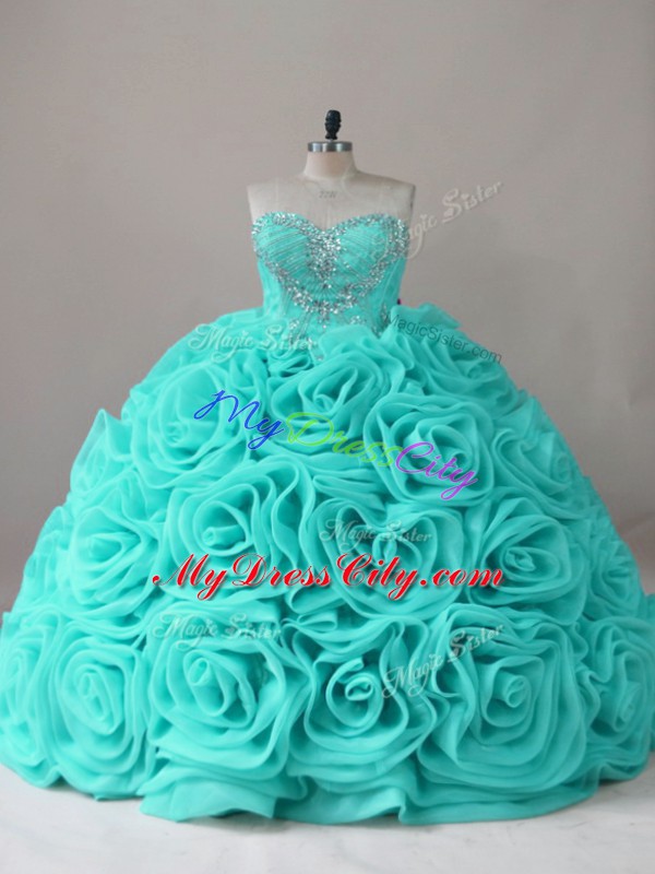 Deluxe Sweetheart Sleeveless Sweet 16 Dress Beading Aqua Blue Fabric With Rolling Flowers