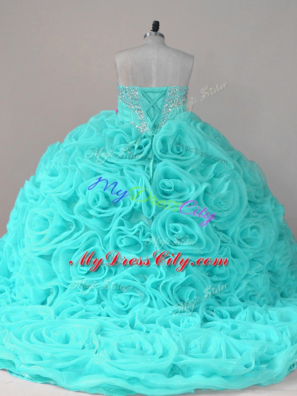 Deluxe Sweetheart Sleeveless Sweet 16 Dress Beading Aqua Blue Fabric With Rolling Flowers