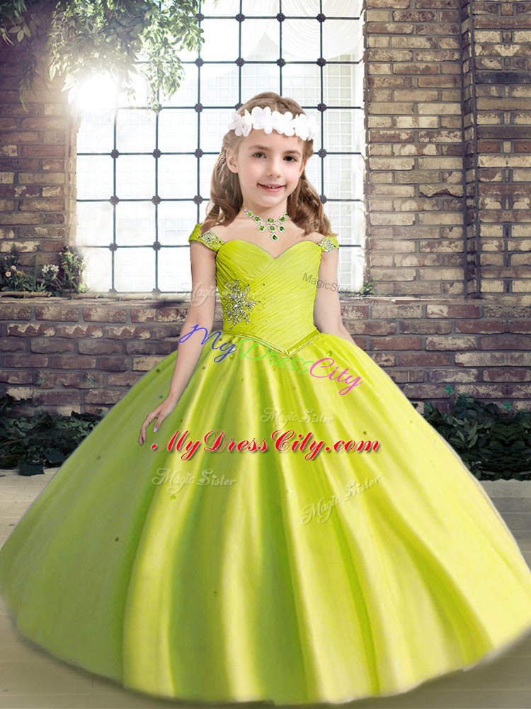 Dramatic Tulle Sleeveless Floor Length Kids Formal Wear and Beading