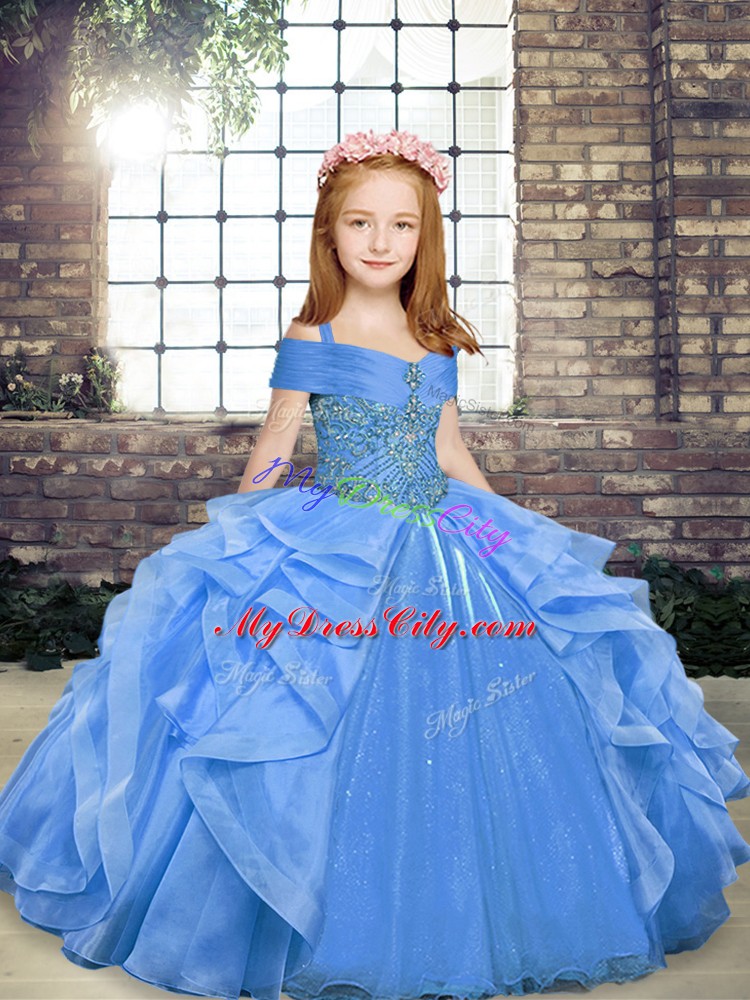 Blue Straps Lace Up Beading and Ruffles Little Girls Pageant Gowns Sleeveless