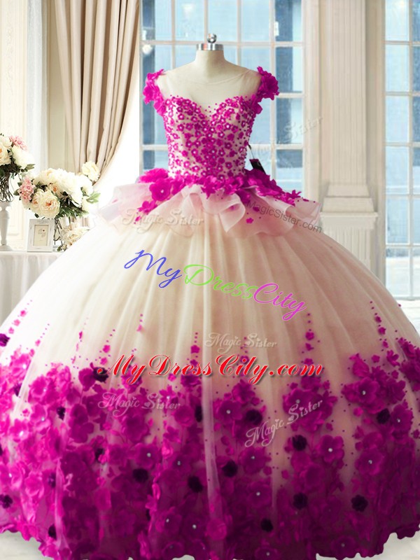 Fuchsia Sleeveless Hand Made Flower Zipper Sweet 16 Dresses