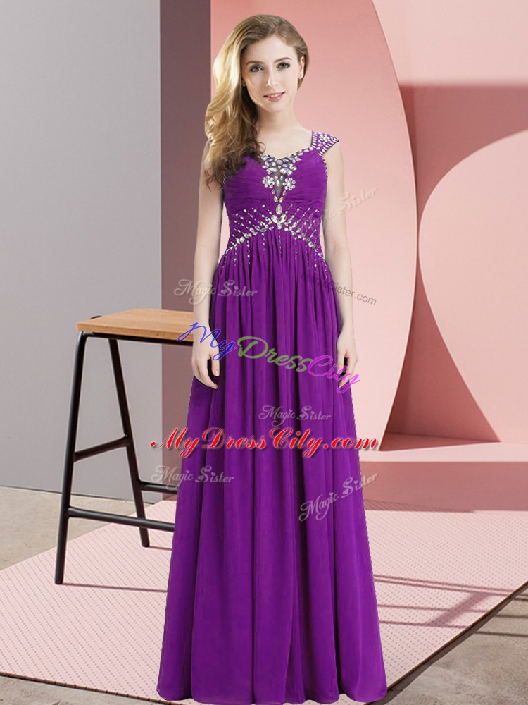 Eggplant Purple Cocktail Dresses Prom and Party and Military Ball with Beading Straps Cap Sleeves Lace Up