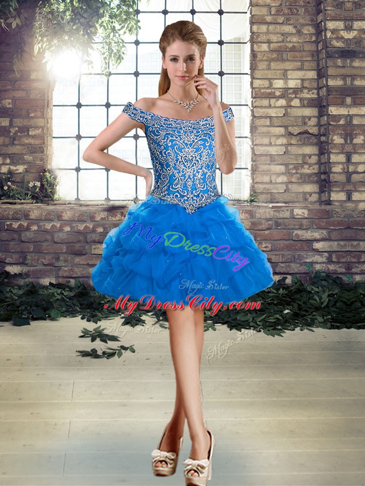 Blue Evening Dress Prom and Party with Beading and Pick Ups Off The Shoulder Sleeveless Lace Up