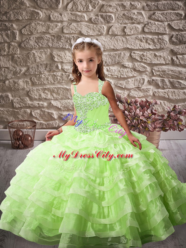 High End Pageant Dress Wholesale Organza Brush Train Sleeveless Beading and Ruffled Layers