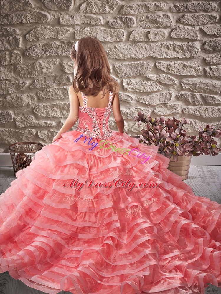 High End Pageant Dress Wholesale Organza Brush Train Sleeveless Beading and Ruffled Layers