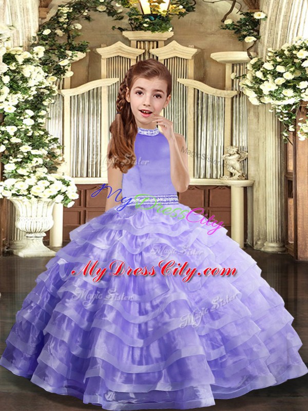 New Arrival Sleeveless Floor Length Beading and Ruffled Layers Backless Pageant Gowns For Girls with Lavender