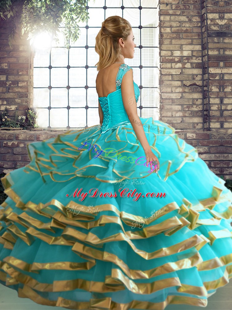 Modern Off The Shoulder Sleeveless Tulle Quinceanera Dress Beading and Ruffled Layers Lace Up