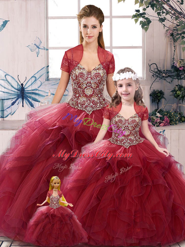 High Quality Floor Length Burgundy 15 Quinceanera Dress Off The Shoulder Sleeveless Lace Up