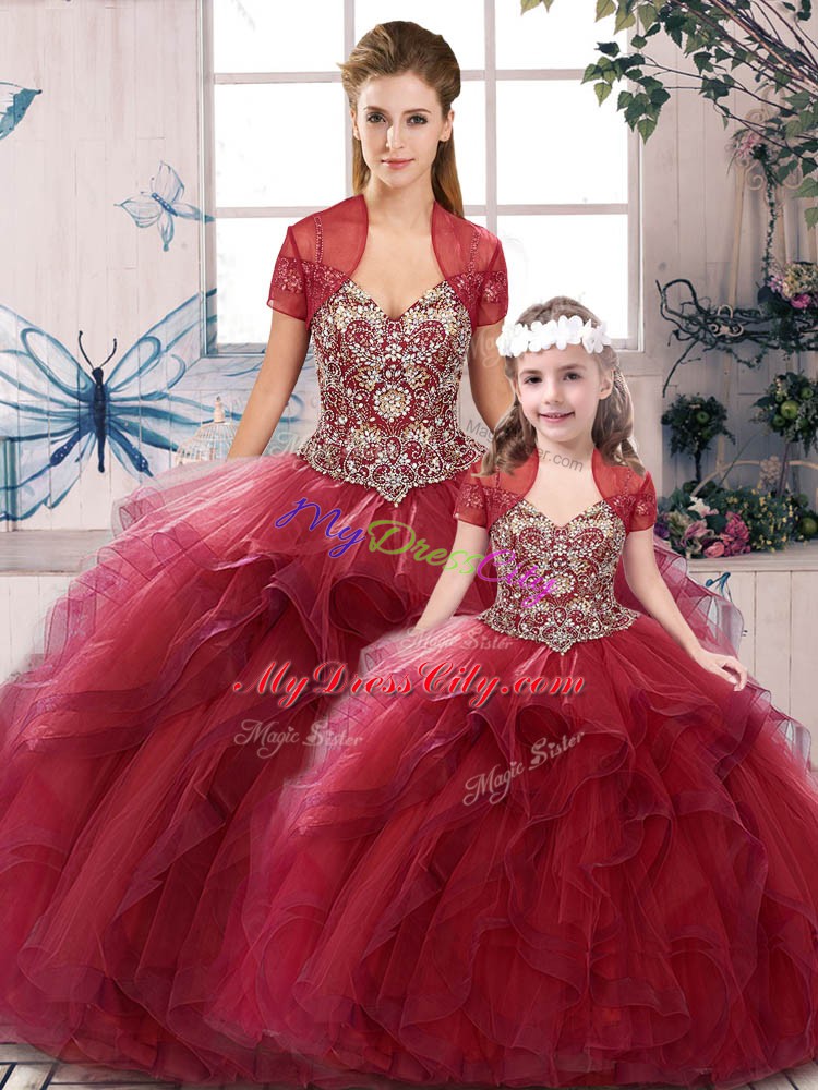 High Quality Floor Length Burgundy 15 Quinceanera Dress Off The Shoulder Sleeveless Lace Up