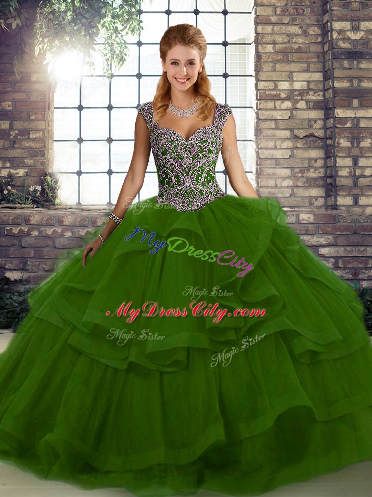 Luxurious Green Ball Gowns Beading and Ruffles Quince Ball Gowns Lace Up Tulle Sleeveless Floor Length