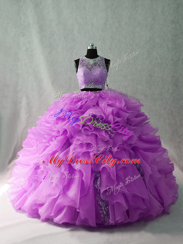 Lilac Sleeveless Beading and Ruffles Zipper Quinceanera Gowns