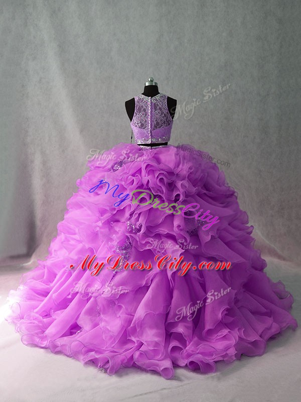 Lilac Sleeveless Beading and Ruffles Zipper Quinceanera Gowns