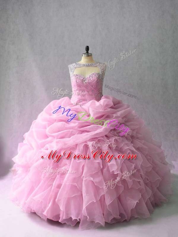 Pink Scoop Lace Up Beading and Ruffles Quinceanera Gown Brush Train Sleeveless