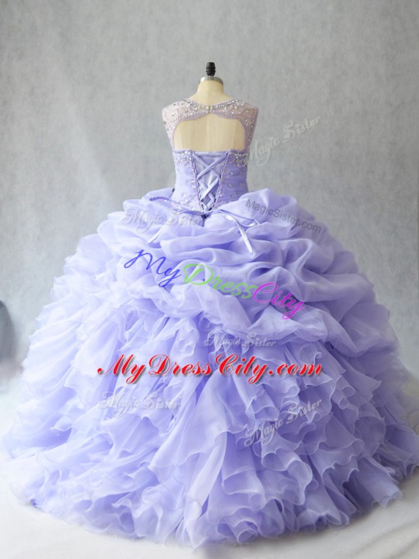 Pink Scoop Lace Up Beading and Ruffles Quinceanera Gown Brush Train Sleeveless