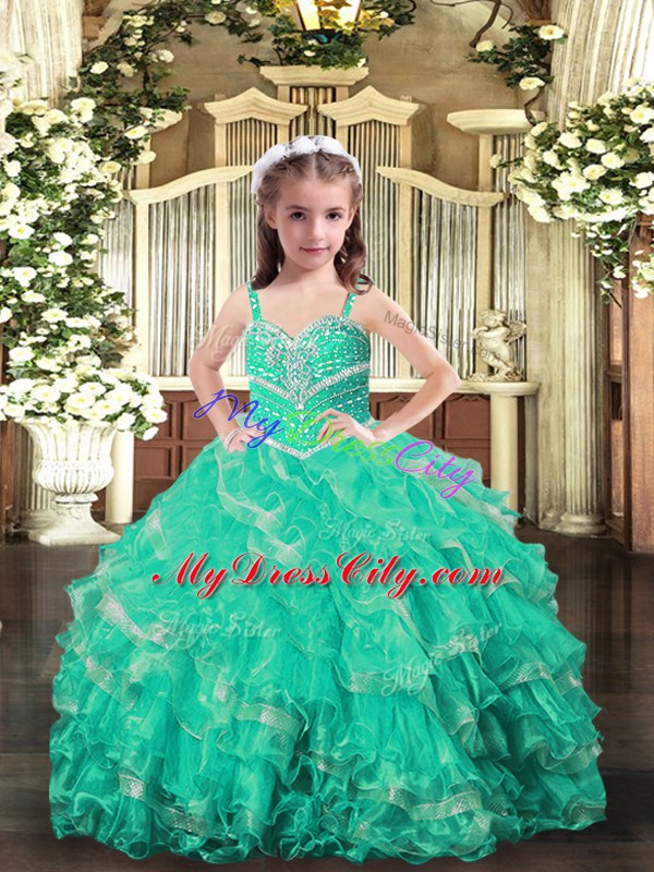 Glorious Turquoise Sleeveless Beading and Ruffles Floor Length Girls Pageant Dresses