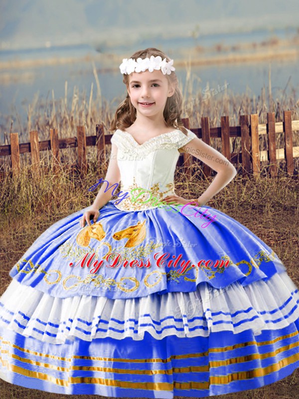 Custom Designed Satin Off The Shoulder Sleeveless Lace Up Embroidery Kids Pageant Dress in Blue