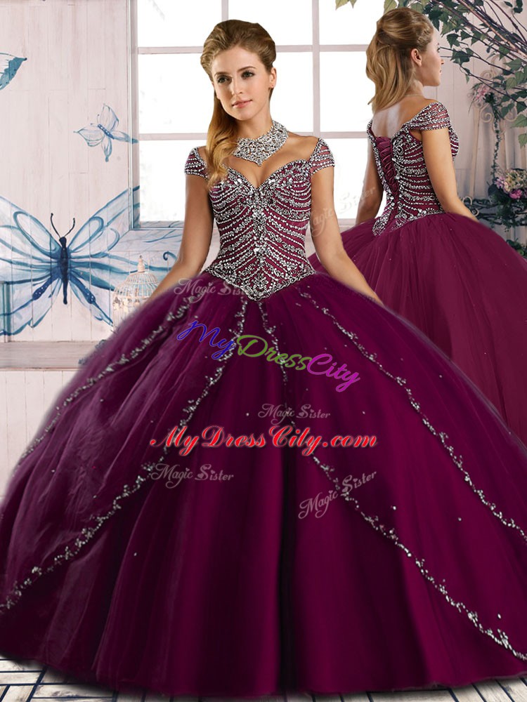 Cap Sleeves Brush Train Beading Lace Up 15 Quinceanera Dress