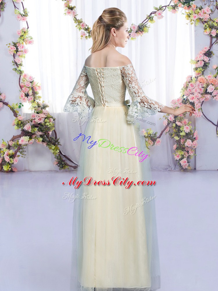 Off The Shoulder 3 4 Length Sleeve Bridesmaid Gown Floor Length Lace and Bowknot Champagne Tulle