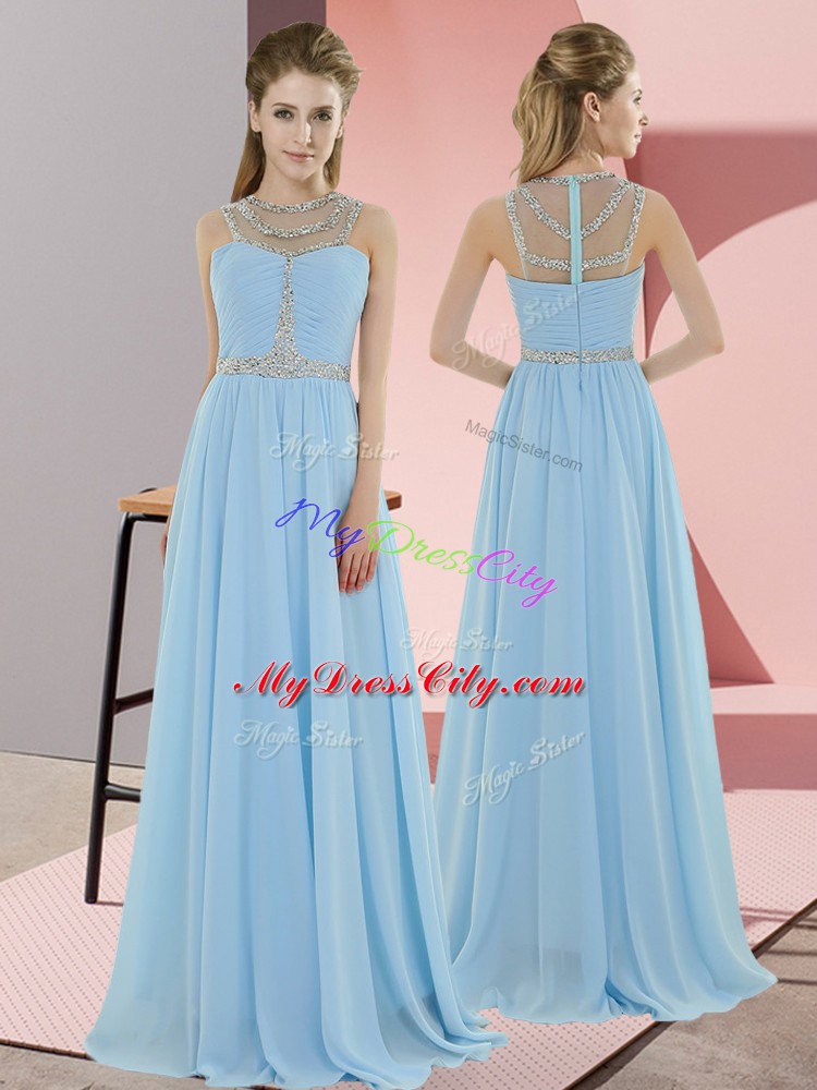 Sleeveless Chiffon Floor Length Zipper Homecoming Dresses in Light Blue with Beading