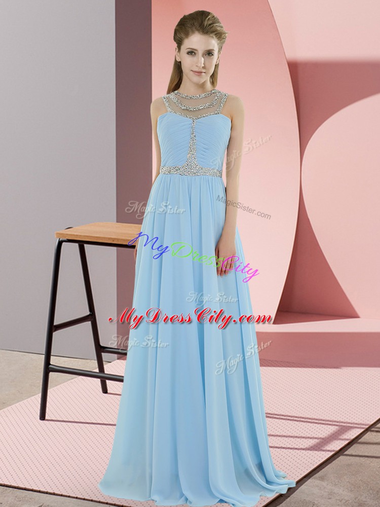 Sleeveless Chiffon Floor Length Zipper Homecoming Dresses in Light Blue with Beading