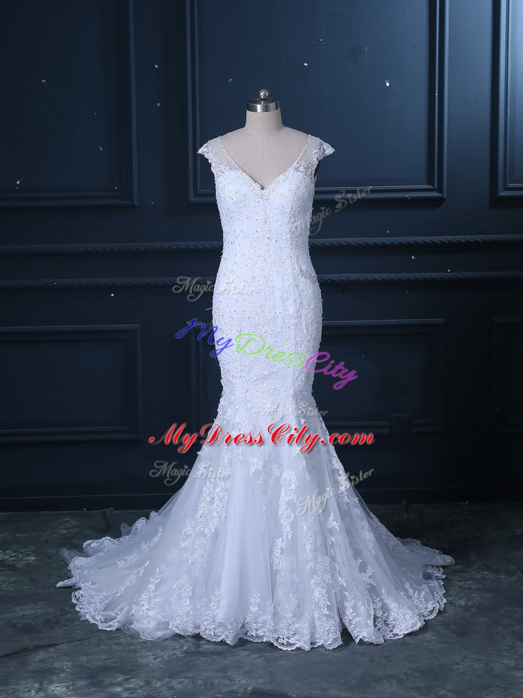 Charming Sleeveless Beading and Lace Clasp Handle Bridal Gown with White Brush Train