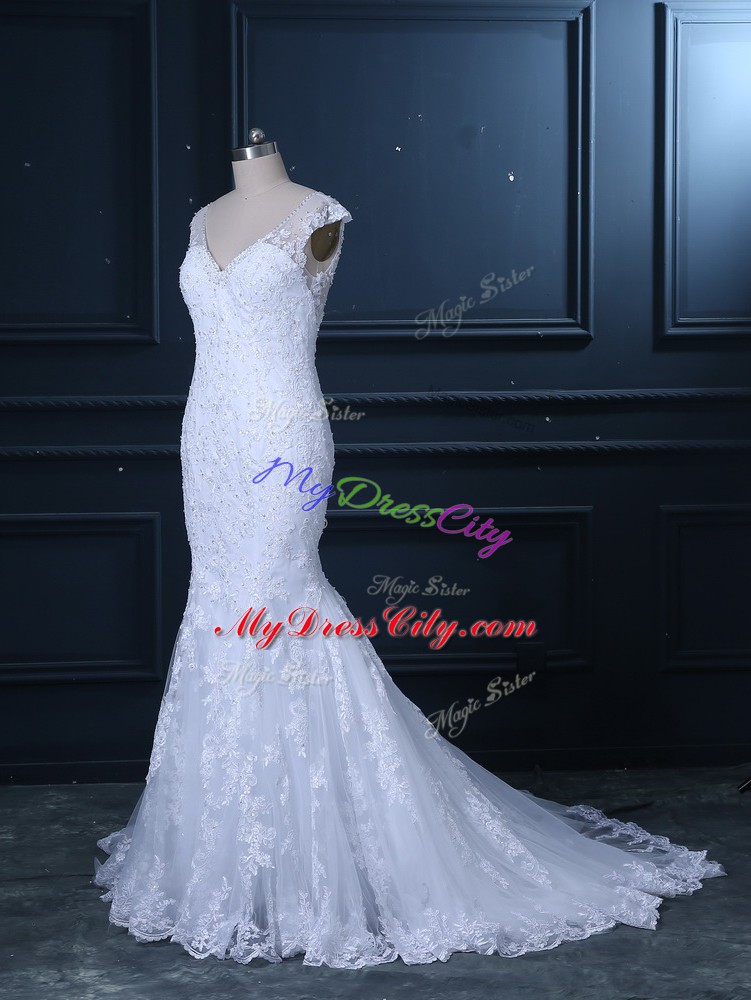 Charming Sleeveless Beading and Lace Clasp Handle Bridal Gown with White Brush Train