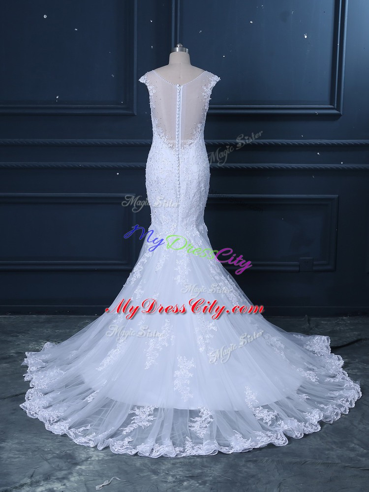 Charming Sleeveless Beading and Lace Clasp Handle Bridal Gown with White Brush Train