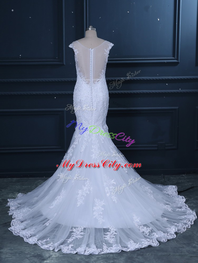 Charming Sleeveless Beading and Lace Clasp Handle Bridal Gown with White Brush Train