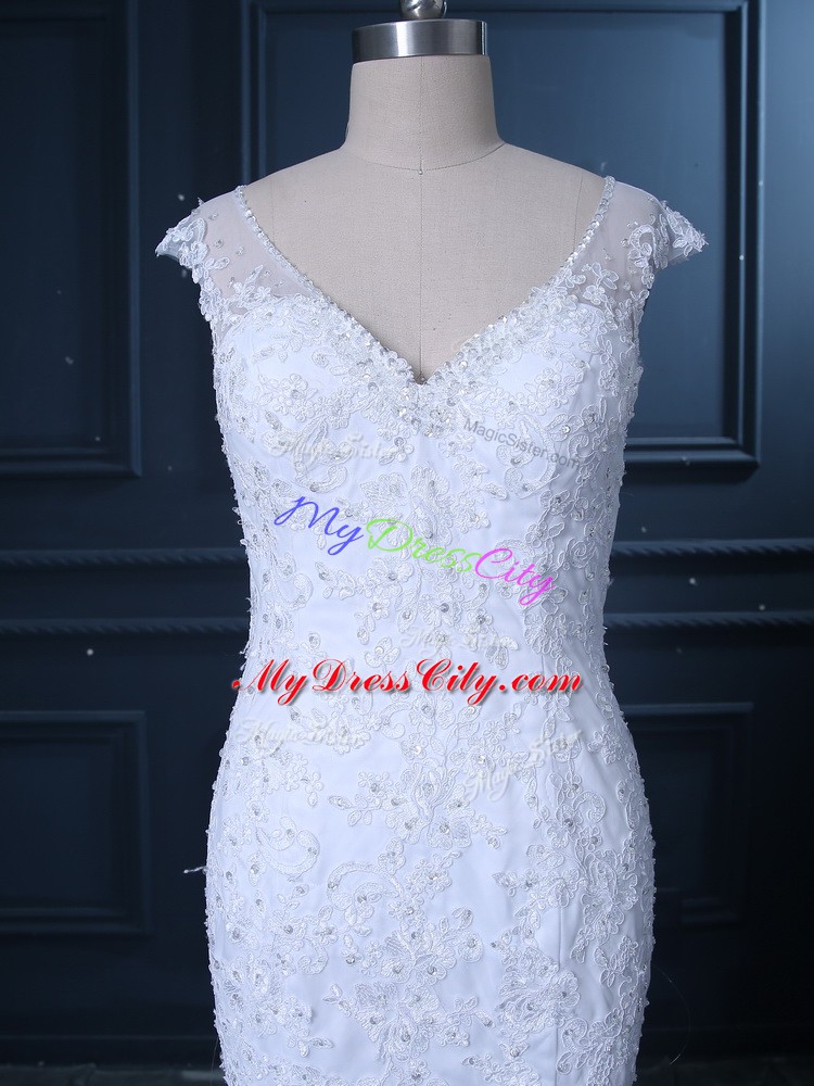 Charming Sleeveless Beading and Lace Clasp Handle Bridal Gown with White Brush Train