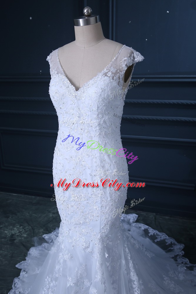 Charming Sleeveless Beading and Lace Clasp Handle Bridal Gown with White Brush Train