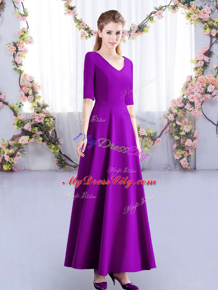 Eggplant Purple Zipper Bridesmaid Gown Ruching Half Sleeves Ankle Length