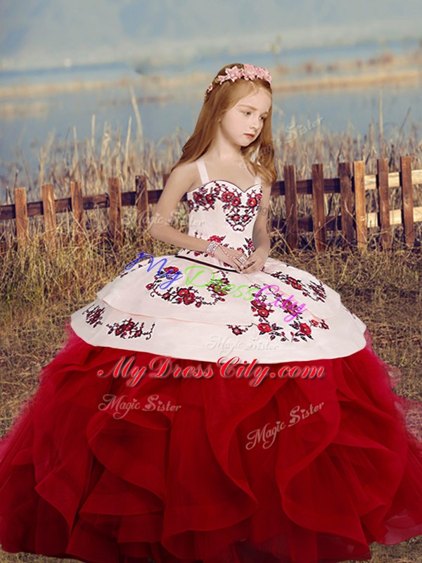 Straps Sleeveless Lace Up Embroidery and Ruffles Kids Pageant Dress in Wine Red