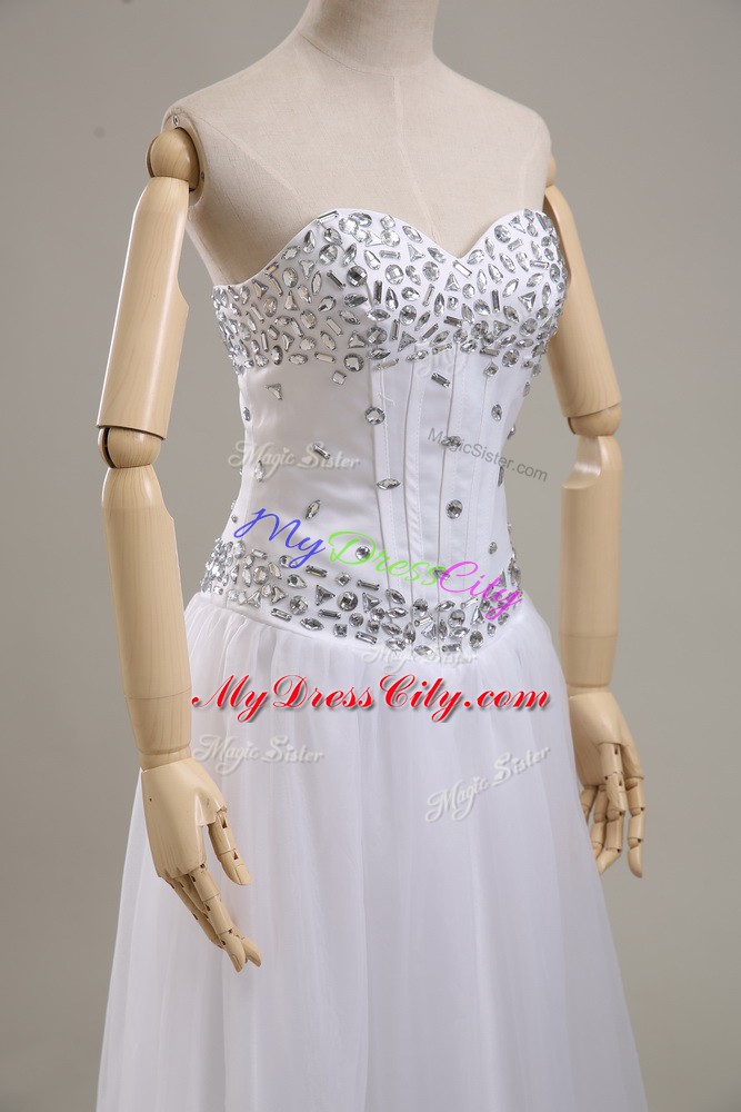 Floor Length Empire Sleeveless White Wedding Gowns Lace Up