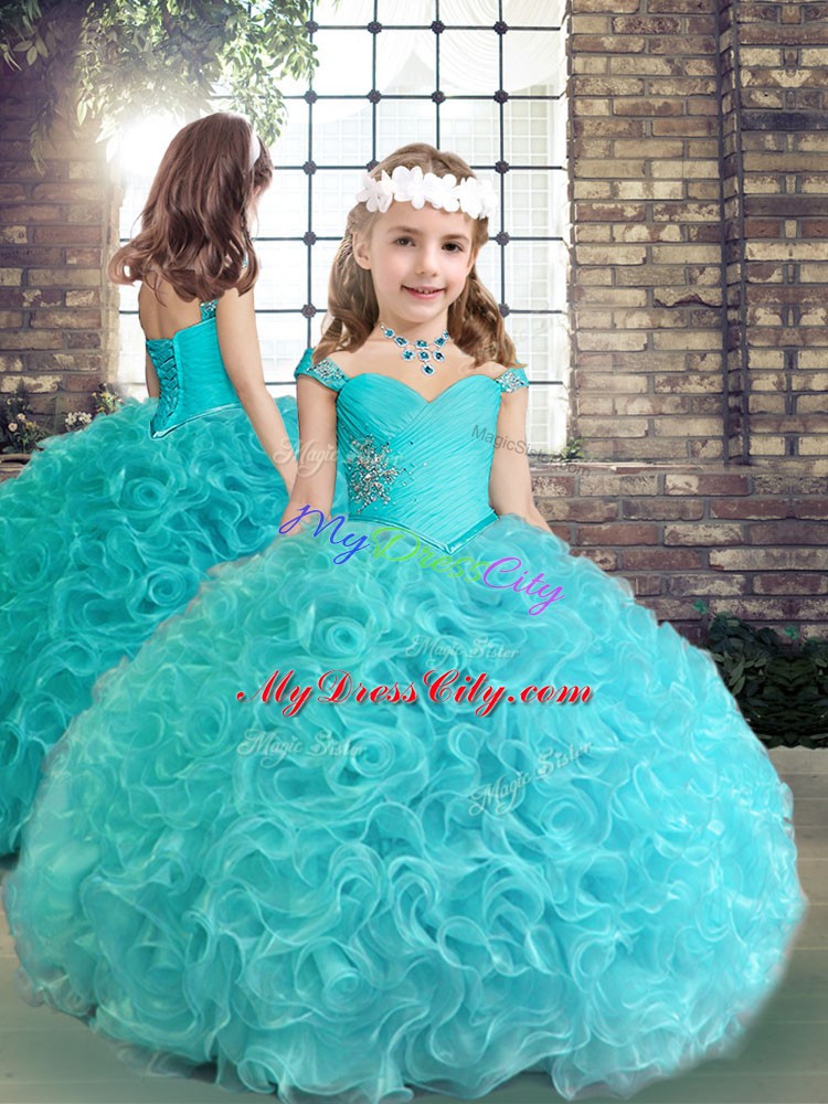 Sleeveless Floor Length Beading and Ruching Lace Up Child Pageant Dress with Aqua Blue