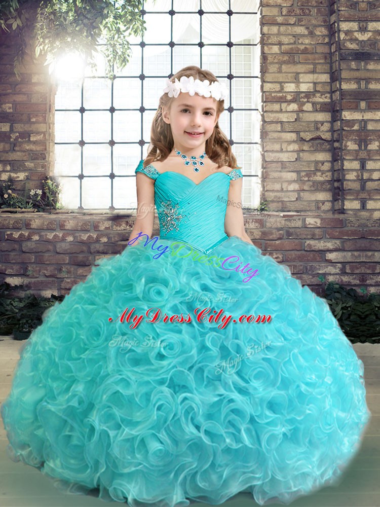 Sleeveless Floor Length Beading and Ruching Lace Up Child Pageant Dress with Aqua Blue