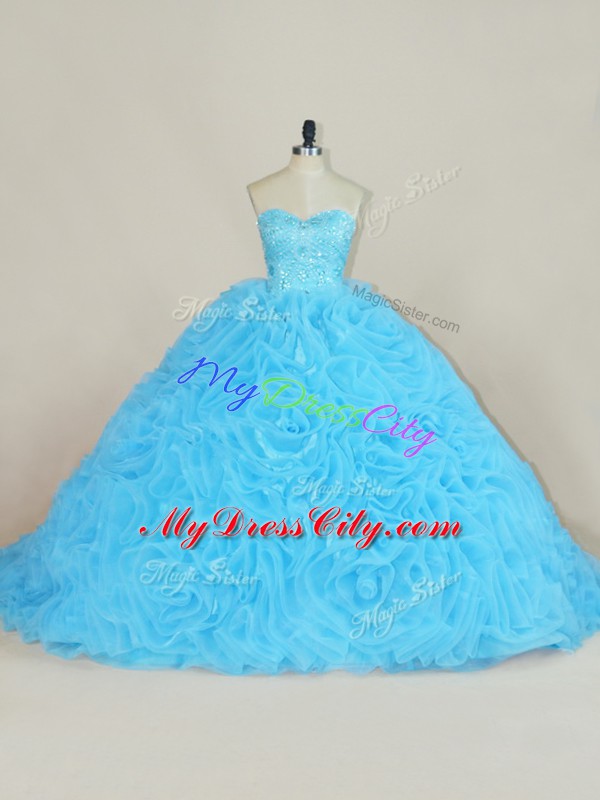 Sexy Sleeveless Court Train Beading and Ruffles Lace Up Sweet 16 Dresses