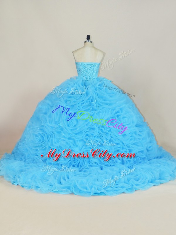 Sexy Sleeveless Court Train Beading and Ruffles Lace Up Sweet 16 Dresses