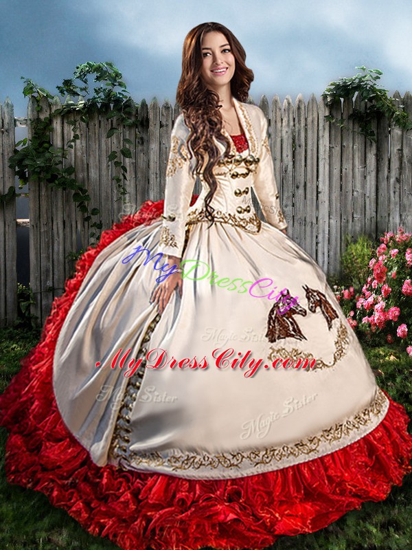 Sleeveless Floor Length Embroidery Lace Up Quince Ball Gowns with White And Red