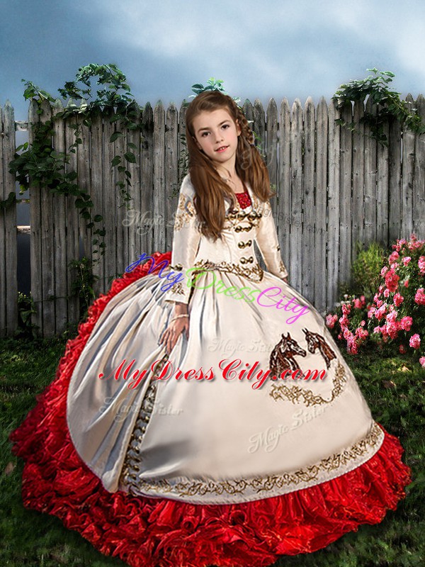 Sleeveless Floor Length Embroidery Lace Up Quince Ball Gowns with White And Red