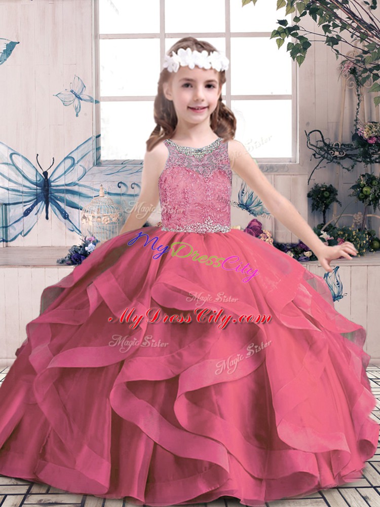 Super Red Tulle Lace Up Scoop Sleeveless Floor Length Little Girls Pageant Gowns Beading and Ruffles