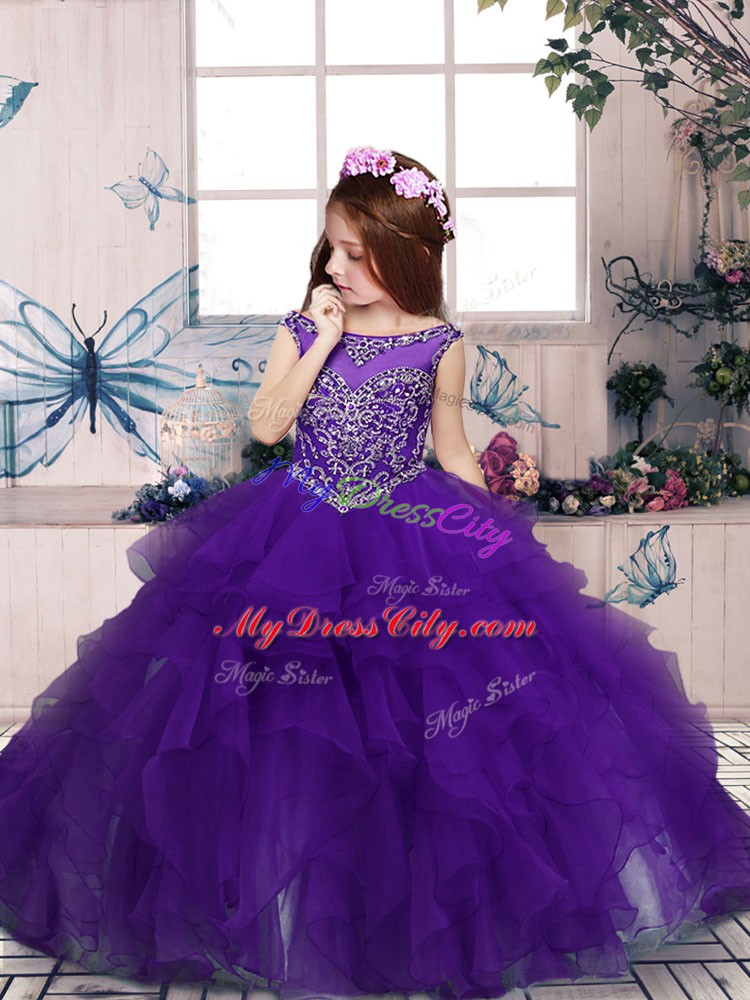 New Arrival Organza Scoop Sleeveless Zipper Beading and Ruffles Pageant Dress Womens in Purple