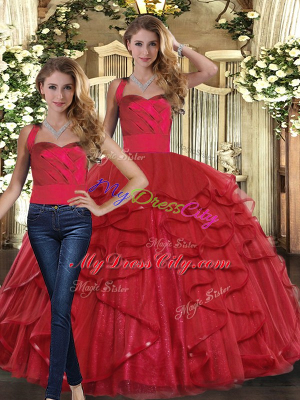 Noble Red Two Pieces Tulle Straps Sleeveless Ruffles Floor Length Lace Up Vestidos de Quinceanera