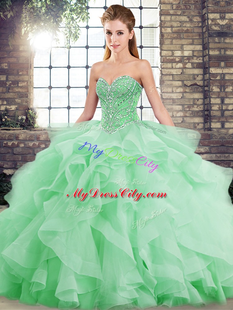 Lace Up Quinceanera Gowns Green for Military Ball and Sweet 16 and Quinceanera with Beading and Ruffles Brush Train